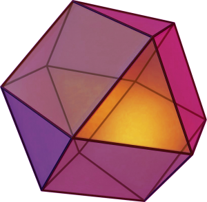 A translucent cuboctahedron, coloured violet through magenta and gold